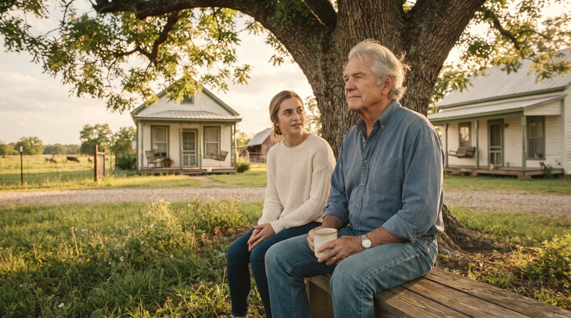An older man and a young woman sitting together beneath a tree, sharing a quiet conversation.