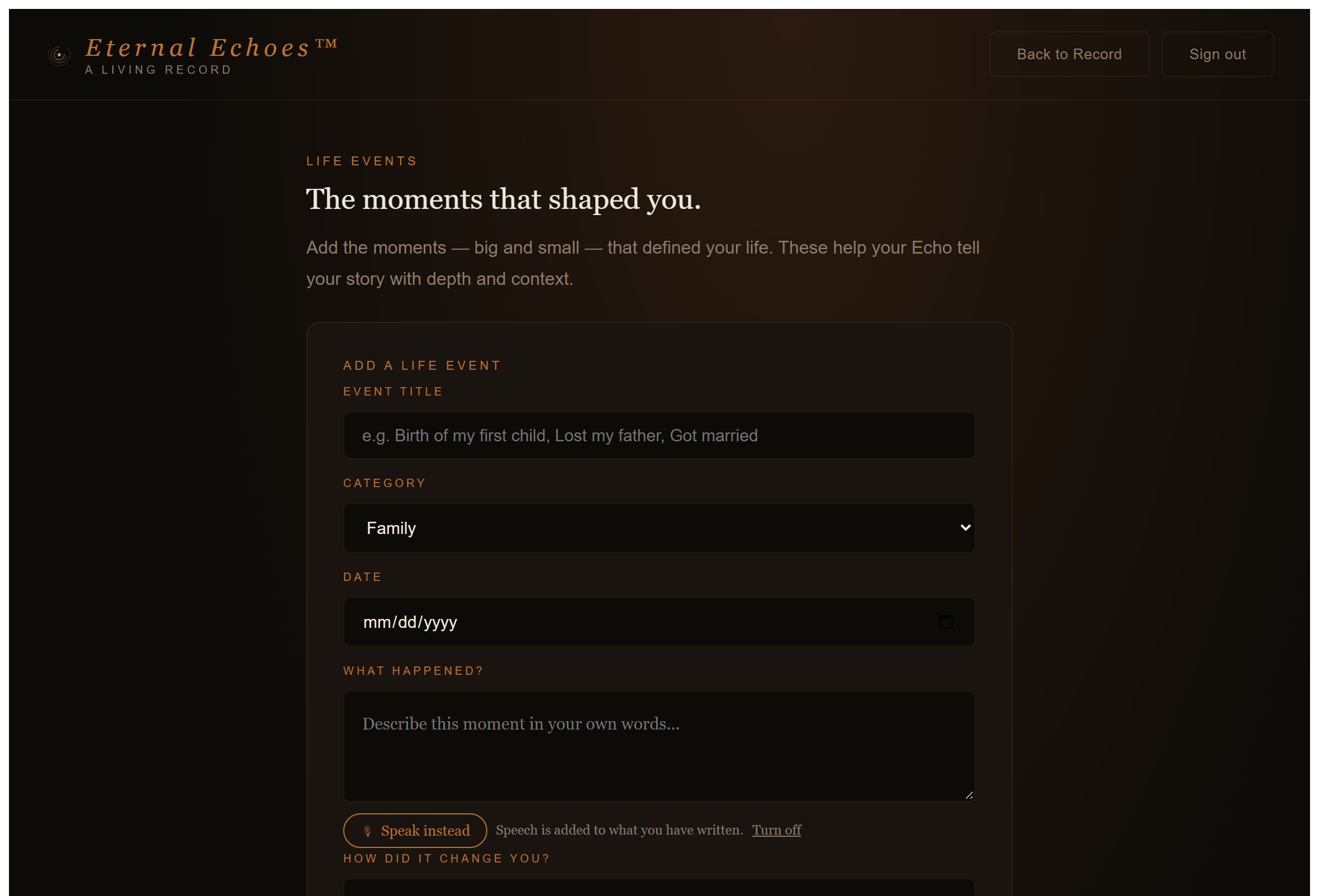 The Life Events screen in Eternal Echoes, with a form for adding an event title, category and description, and a saved entry titled The year I started teaching, dated 1974, with a short note about what it changed.