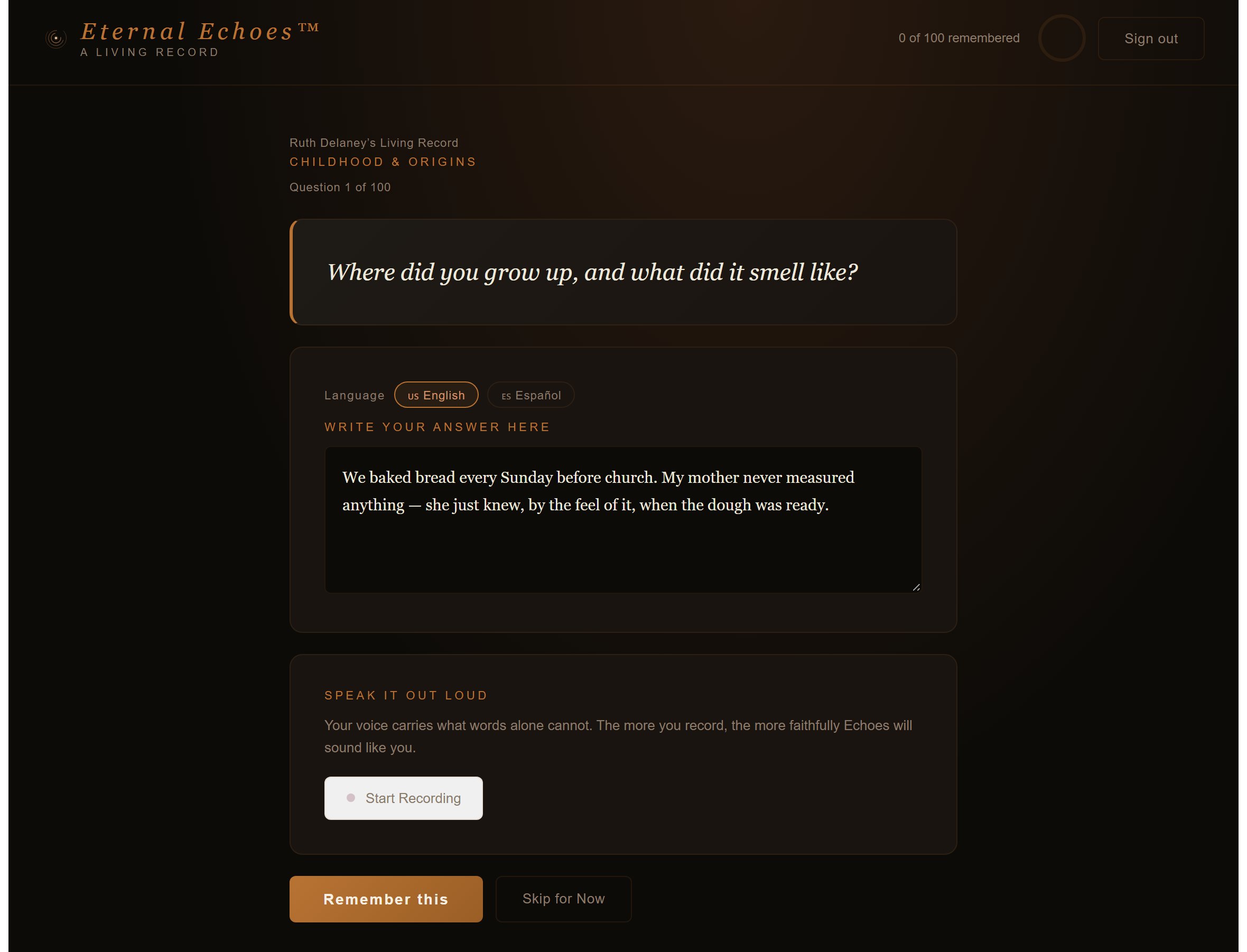 The Eternal Echoes question screen. A prompt reads: Where did you grow up, and what did it smell like? Below it a text box holds a written answer about baking bread on Sunday mornings, with a separate panel offering to record the same answer aloud.